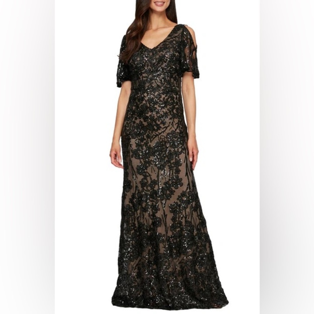 Alex Evenings Sequin Lace Cold Shoulder Trumpet Evening Gown Black Nude